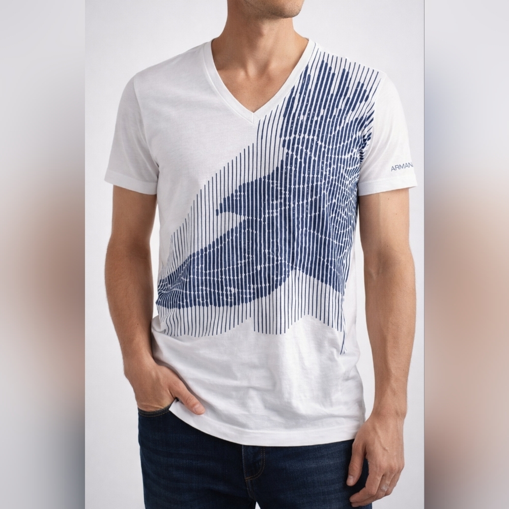 Armani Exchange AX Graphic V-Neck Tee White Blue Stripe Medium